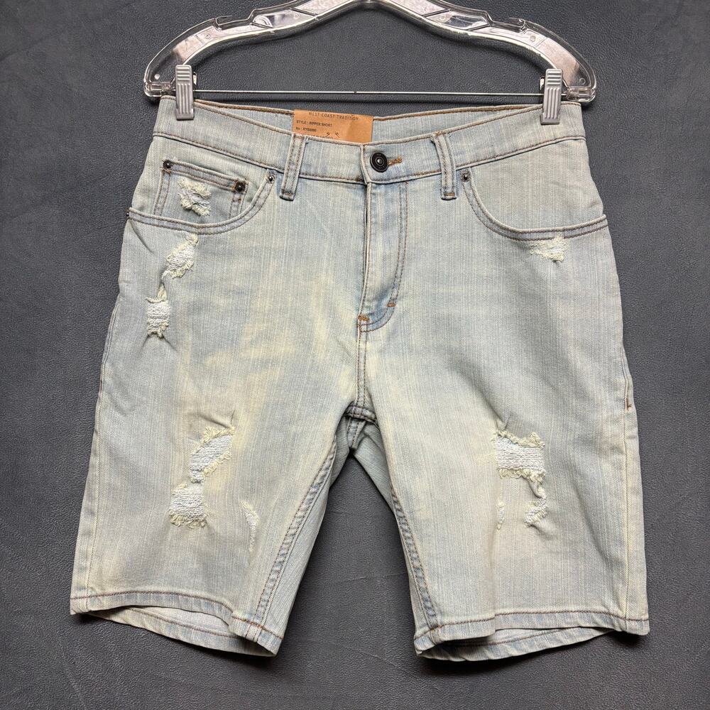 Ring Of Fire Distressed Ripper Jorts Denim Shorts Blue Bleached Stretchy Skater